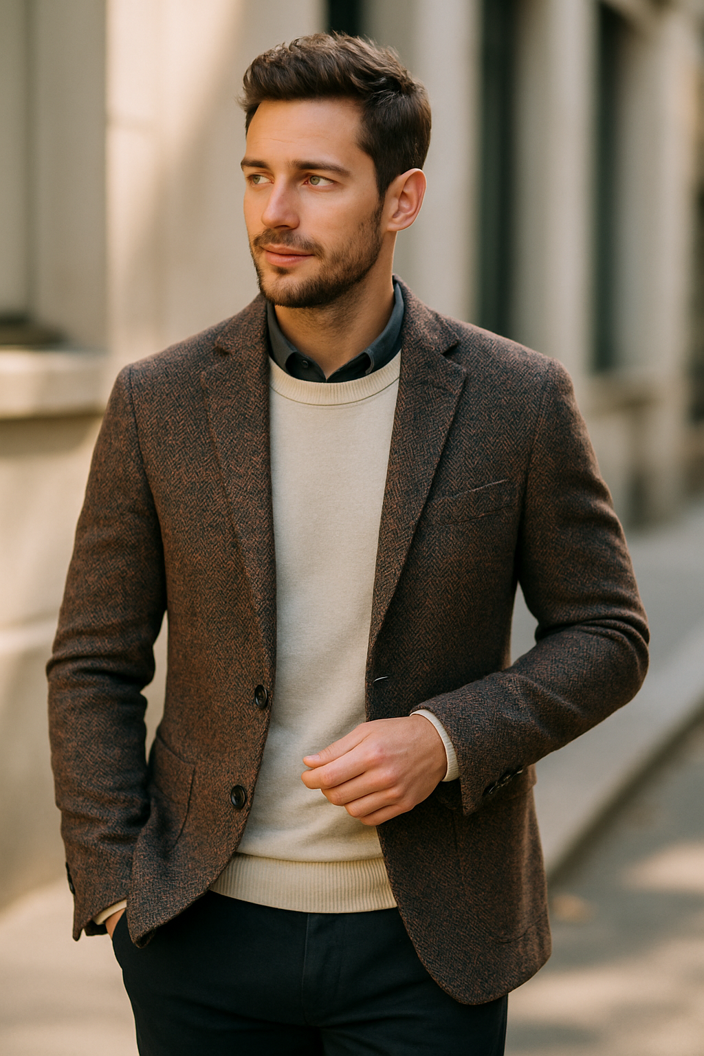 A man wearing a textured brown blazer over a light sweater, looking stylish and confident.