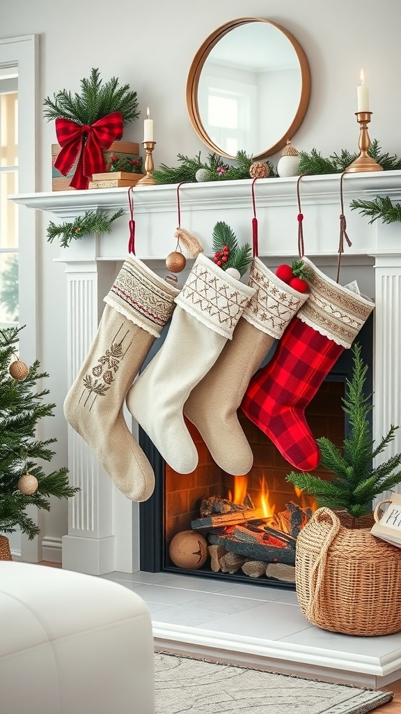 A cozy fireplace with neutral Christmas stockings made of linen and wool, decorated with greenery and candles.