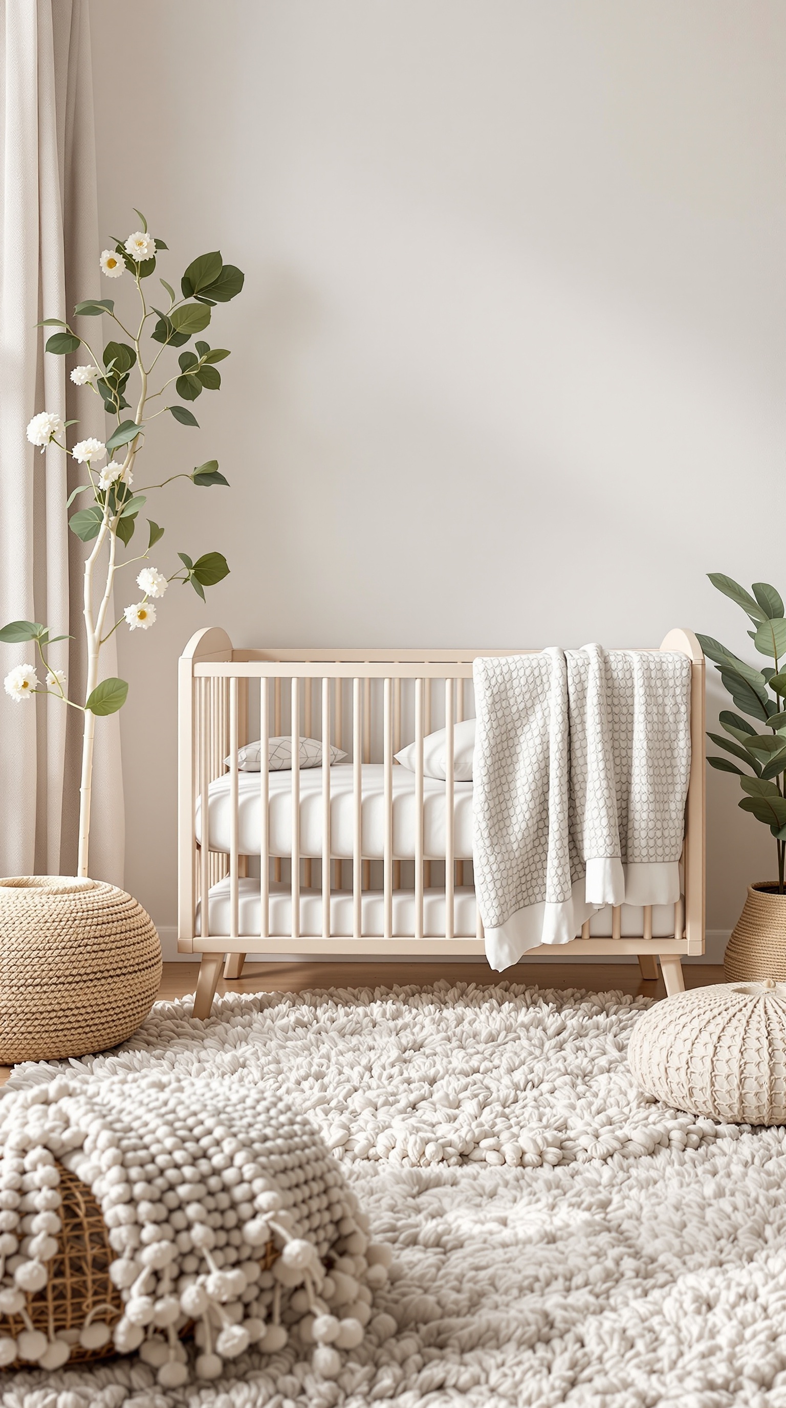 A neutral baby nursery featuring a crib, soft rug, and textured fabrics.