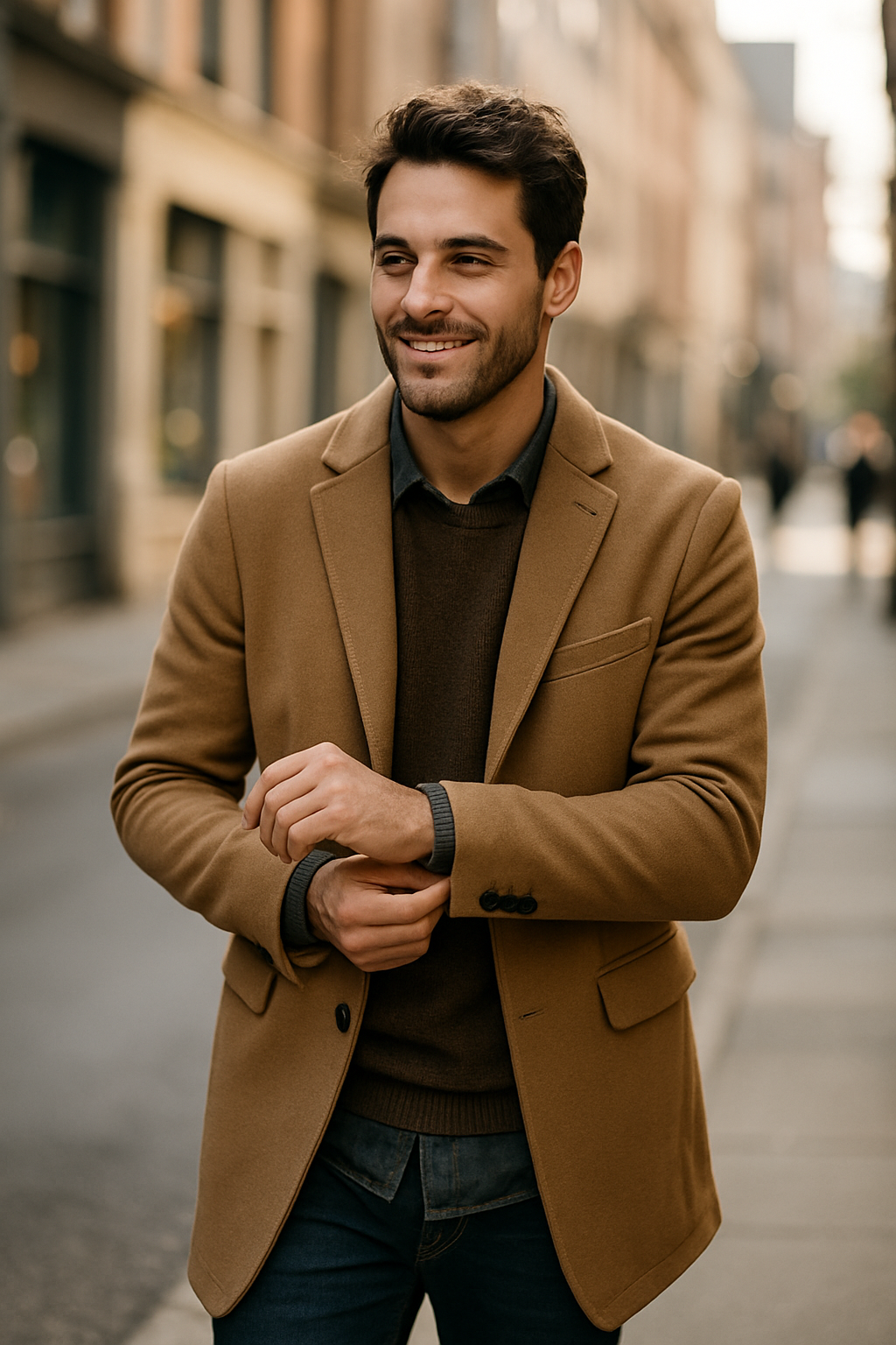 A man wearing a stylish blazer in a warm tone, smiling on a city street.