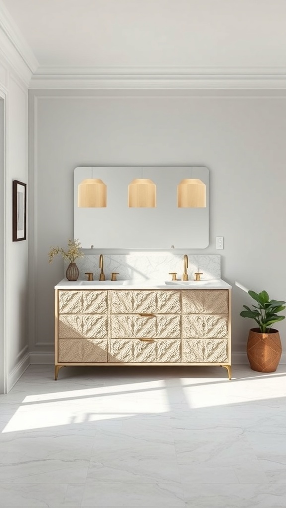 A modern bathroom vanity with textured finishes, a white countertop, and pendant lighting.