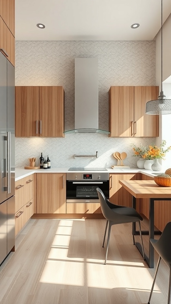 Modern kitchen with textured finishes, featuring wood cabinetry and patterned wall.
