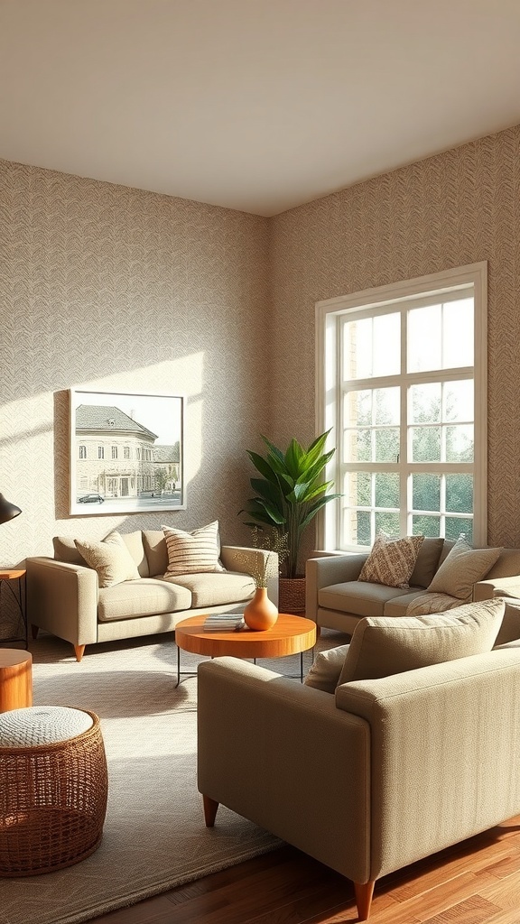 A cozy living room featuring textured grasscloth wallpaper, neutral sofas, and a plant.