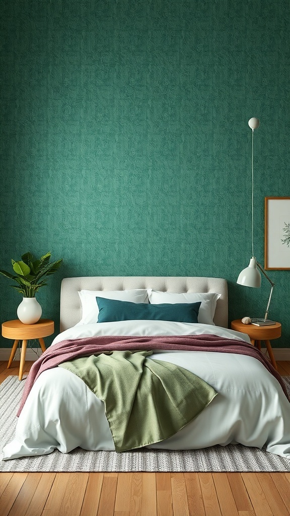 A cozy bedroom featuring textured green wallpaper, a light bedspread, and wooden furniture.
