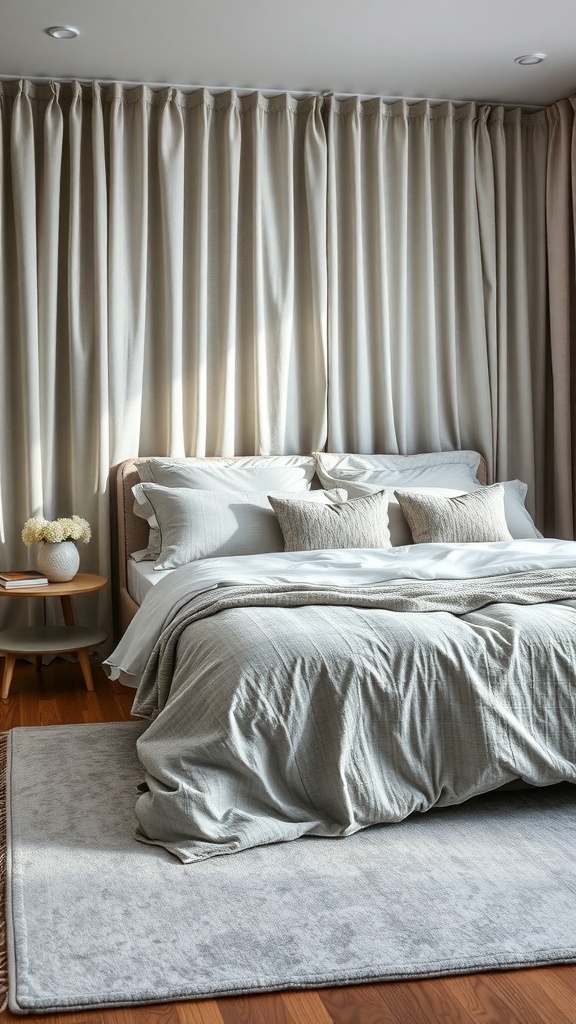 A cozy grey bedroom featuring textured bedding and curtains, creating a warm and inviting atmosphere.