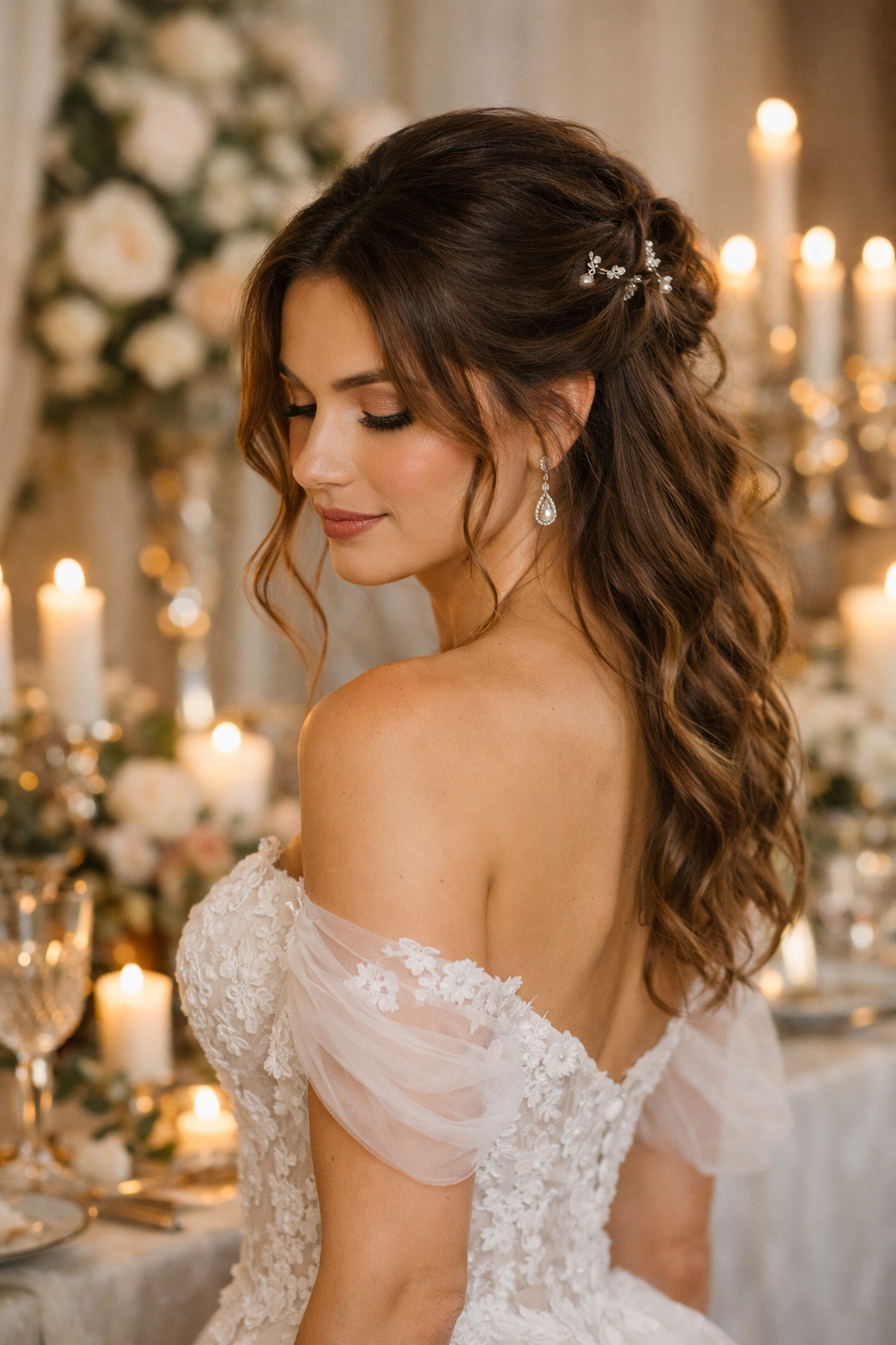 A woman in a wedding dress showcasing a textured half-up hairstyle with loose tendrils.