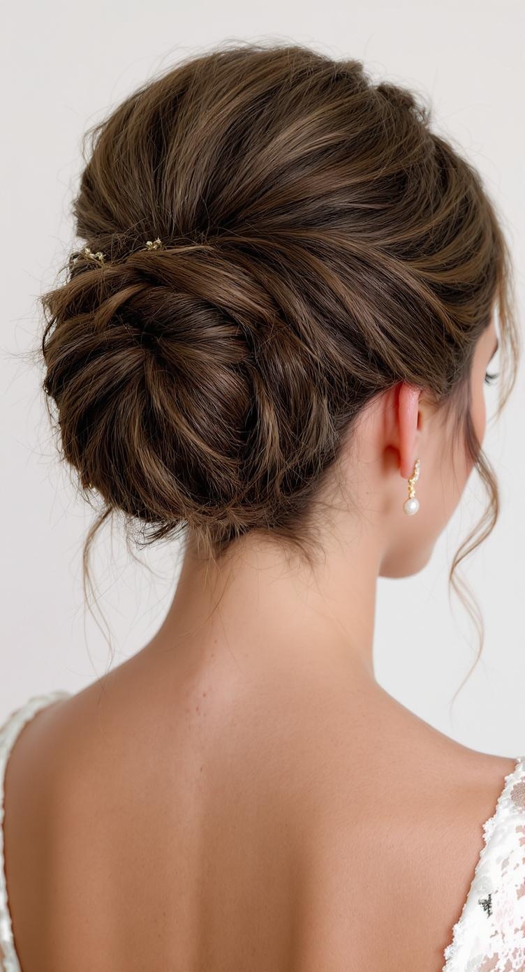 A textured high bun hairstyle for bridesmaids with long hair, featuring loose strands framing the face and elegant hairpins.