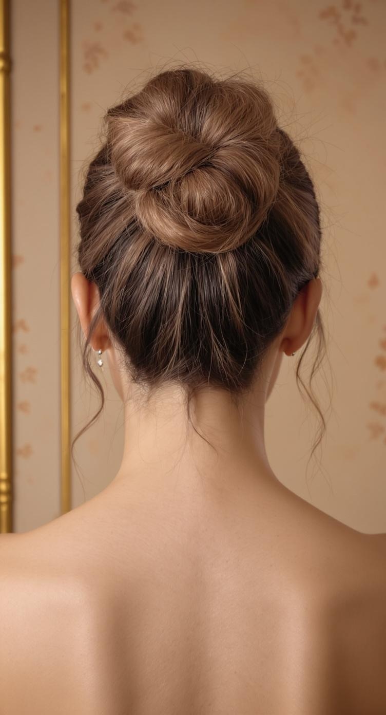 A textured high bun hairstyle with soft waves framing the face