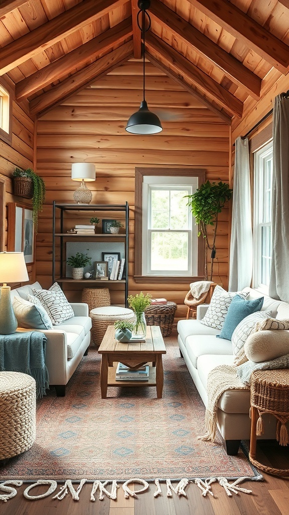 Cozy interior of a tiny cabin with wooden walls, comfortable sofas, and decorative elements.