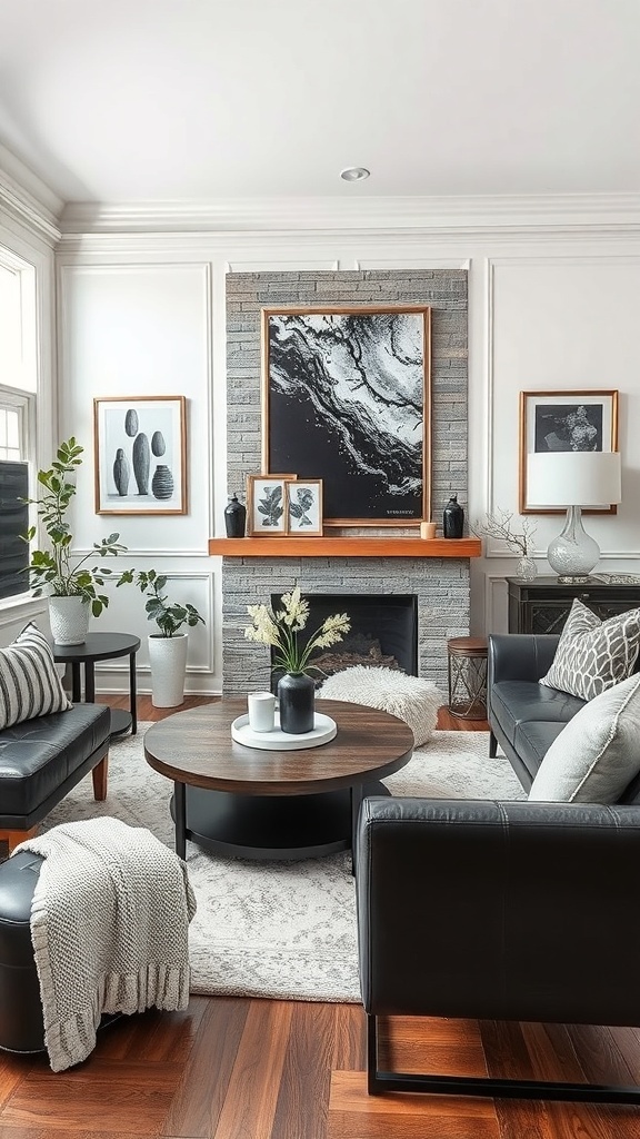 A stylish black and white living room featuring leather sofas, a round coffee table, and black and white artwork on the walls.