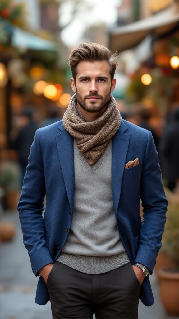 A man wearing a blue blazer with a textured scarf, standing confidently in a market setting.