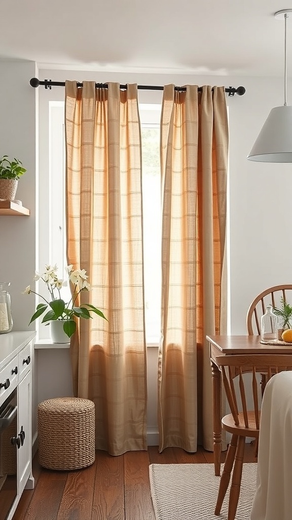 Textured linen curtains in a warm neutral kitchen, enhancing the cozy atmosphere.