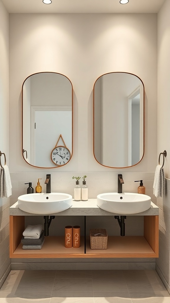 A modern bathroom with a double sink and textured mirrors adding visual interest.