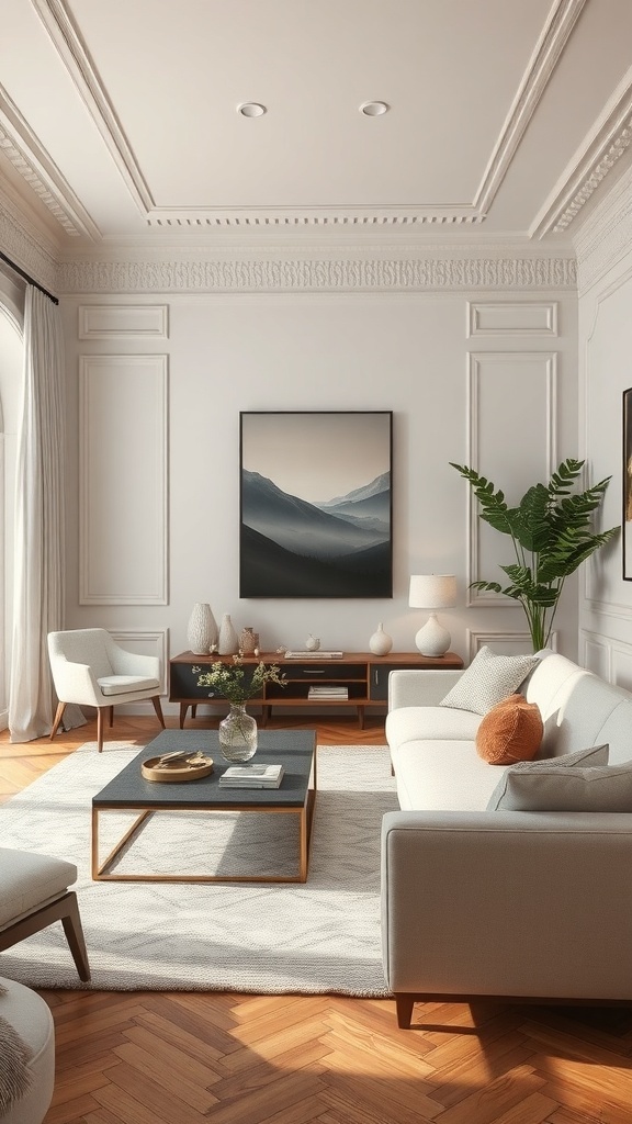 A stylish living room featuring textured wall moulding, modern furniture, and natural light.