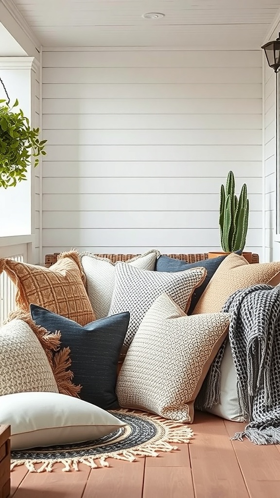A cozy porch with an array of textured pillows and throws in various colors and patterns.