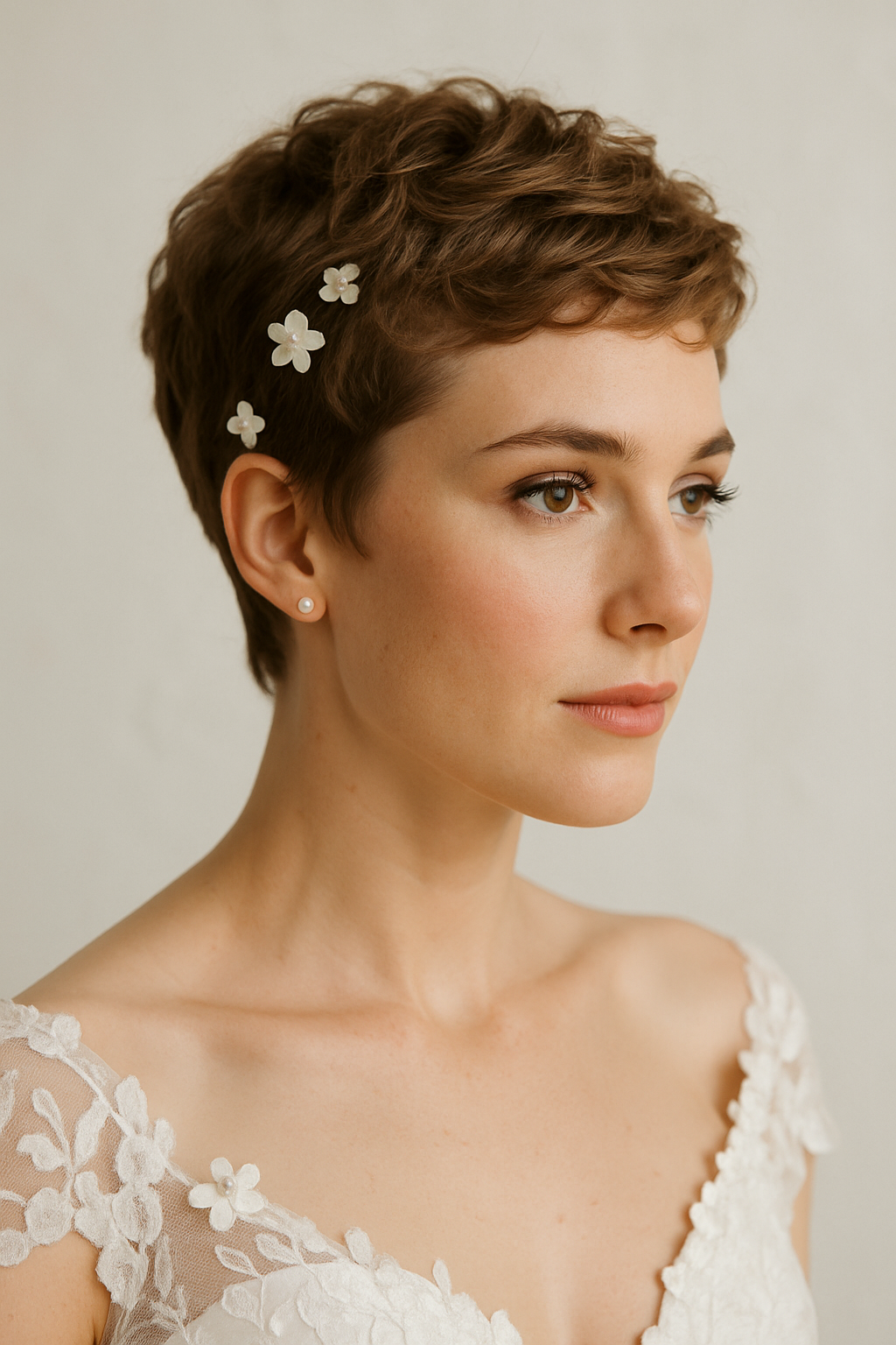 A bride with a textured pixie haircut adorned with floral accents, wearing a lace wedding dress.