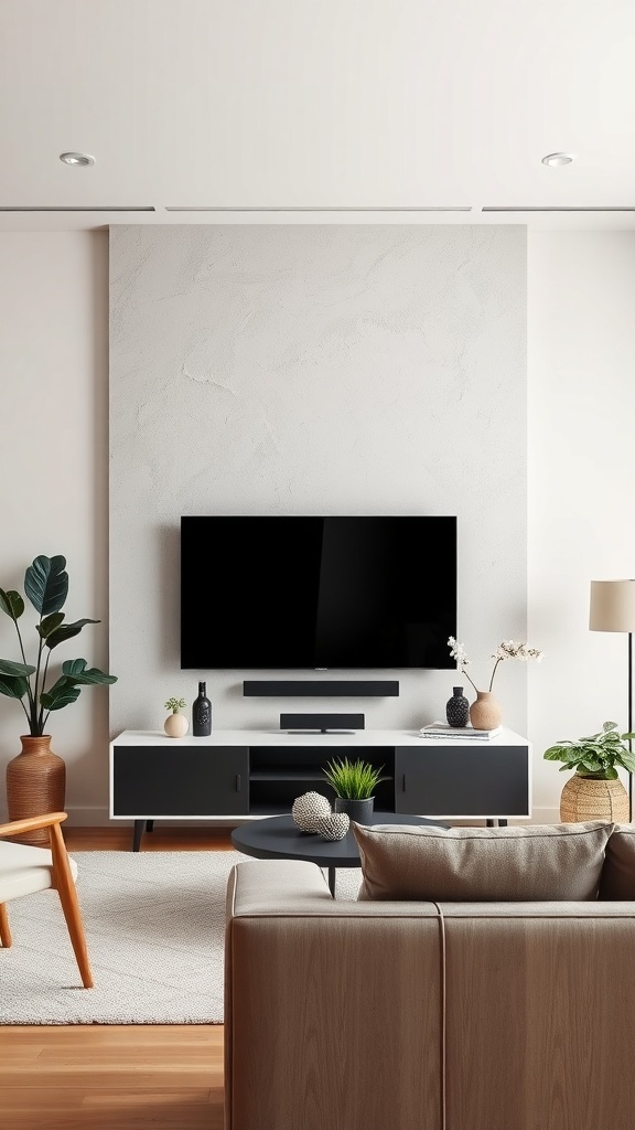 Living room with a textured plaster accent wall and a mounted TV