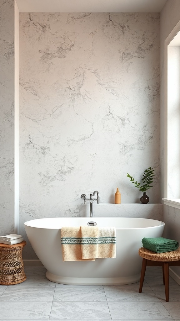 A bathroom featuring a textured plaster wall, a sleek bathtub, and natural decor elements.