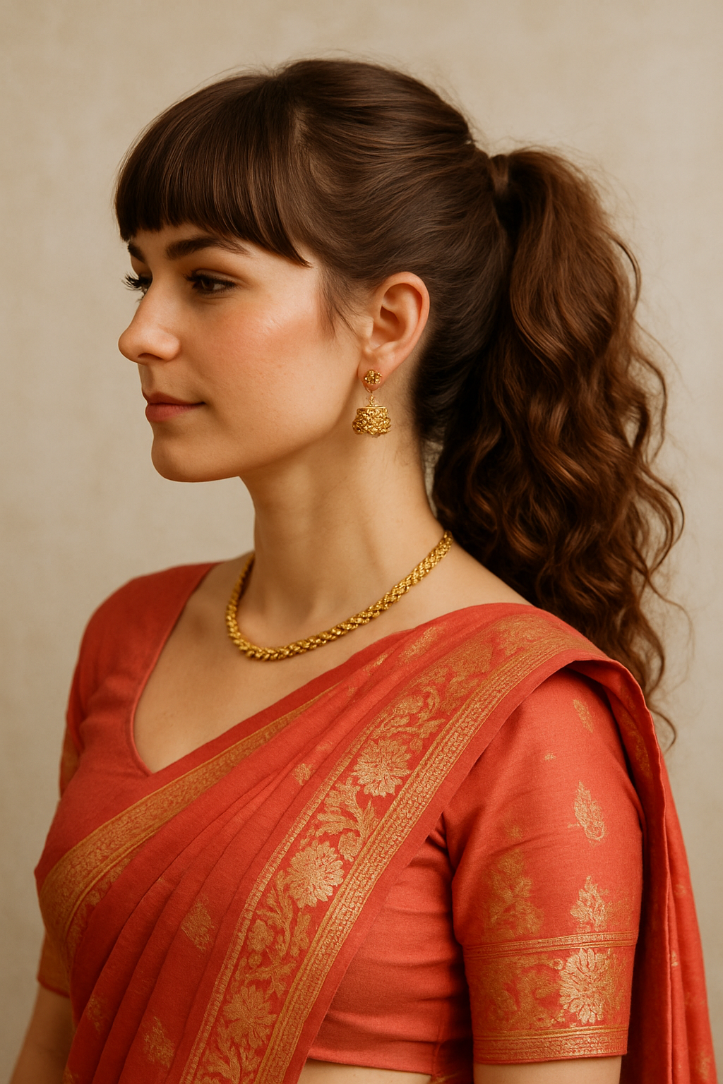 A woman with a textured ponytail and bangs wearing a traditional Indian saree, adorned with gold jewelry.