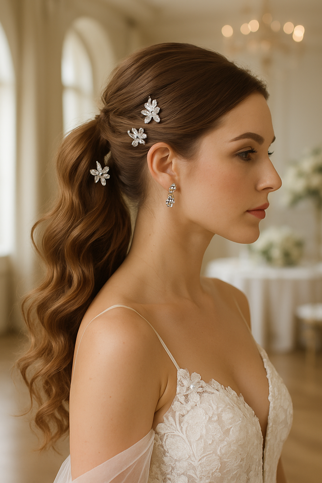 A woman with a textured ponytail adorned with crystal hairpins, wearing a bridal gown.
