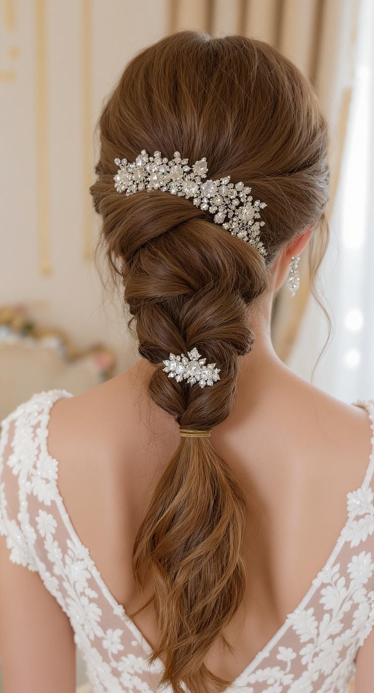 A textured ponytail hairstyle with sparkling hair accessories, perfect for bridesmaids.