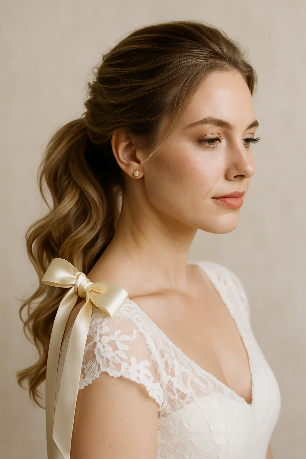 A bride with a textured ponytail adorned with a ribbon, showcasing a soft and elegant hairstyle.