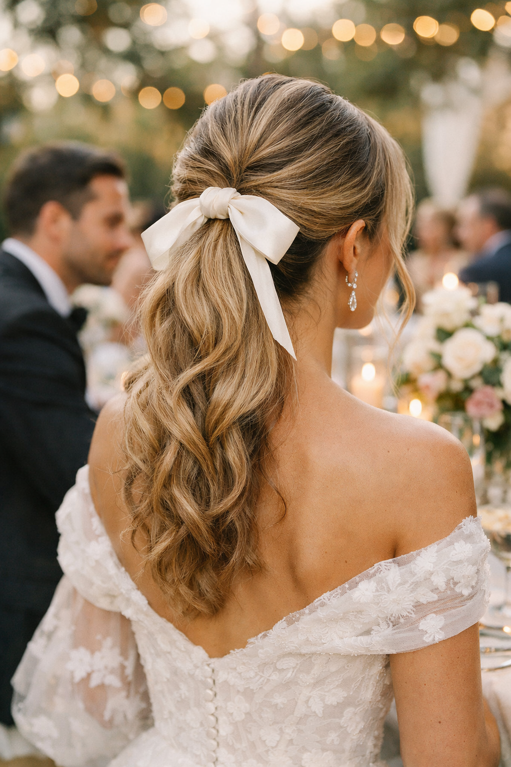 A woman with a textured ponytail adorned with a white ribbon, showcasing an elegant hairstyle perfect for a summer wedding.