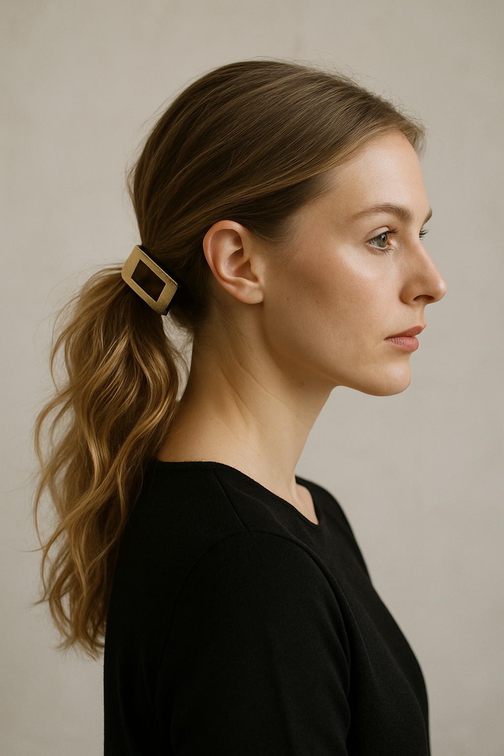 A woman with a textured ponytail styled with a statement clip, showcasing a chic and elegant wedding hairstyle.
