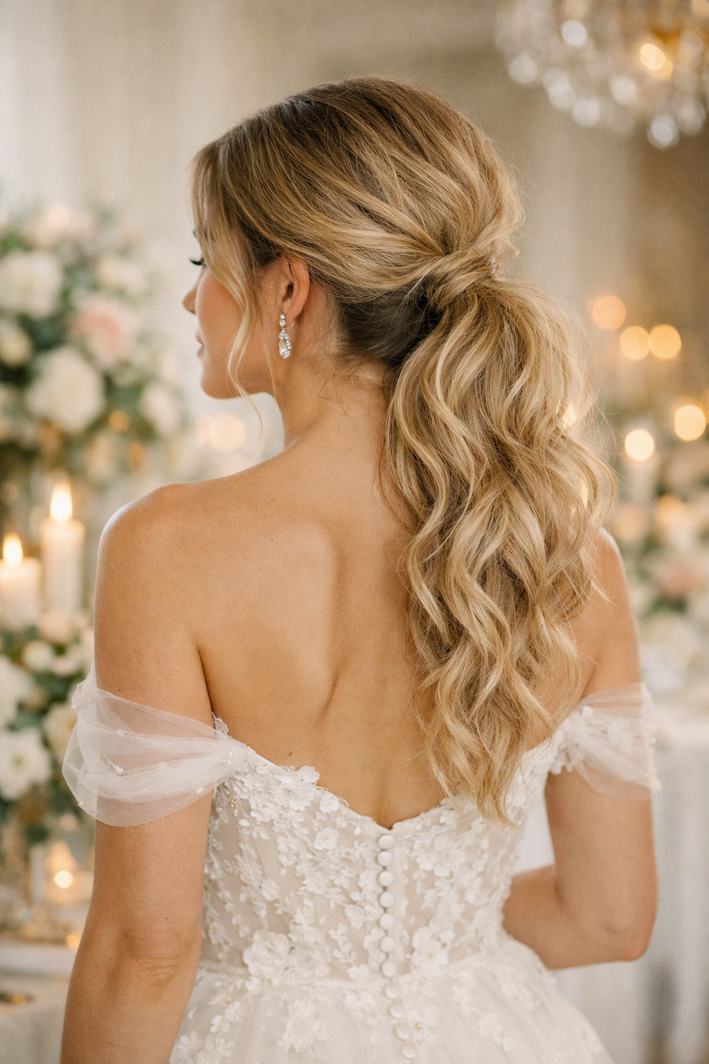 A stylish textured ponytail with waves, showcasing elegance for wedding guest hairstyles.