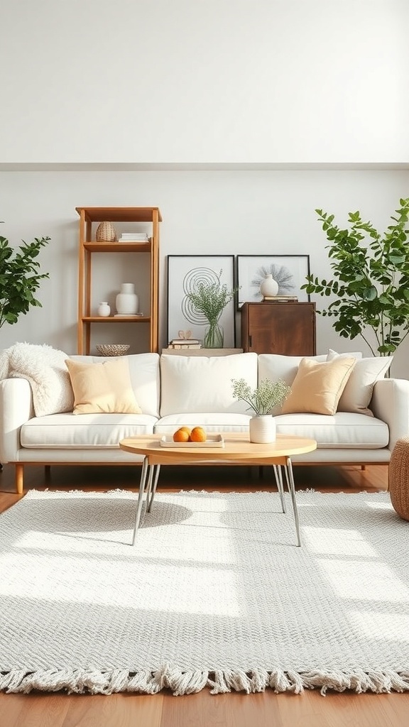 Cozy Scandinavian living room with a textured rug, white sofa, and wooden furniture.