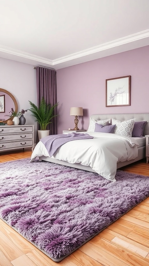 A cozy purple bedroom featuring a fluffy textured rug, soft bedding, and elegant decor.