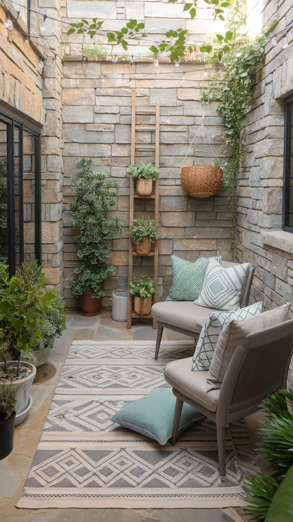 Cozy patio with a textured rug, comfortable seating, and plants.