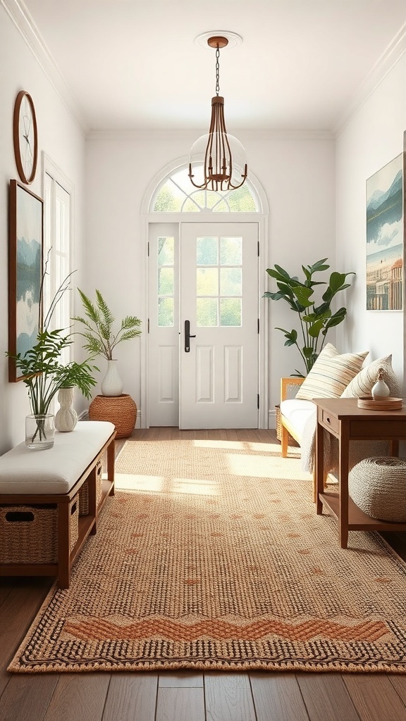 Cozy entryway featuring a textured rug, light walls, wooden furniture, and plants.