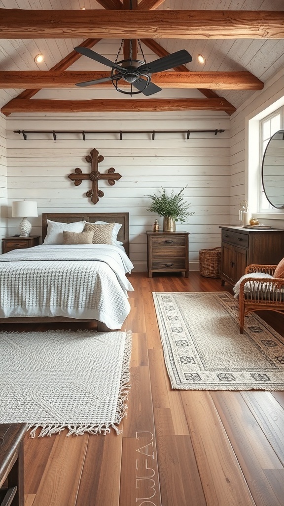 A rustic farmhouse bedroom featuring textured rugs, wooden floors, and warm decor.