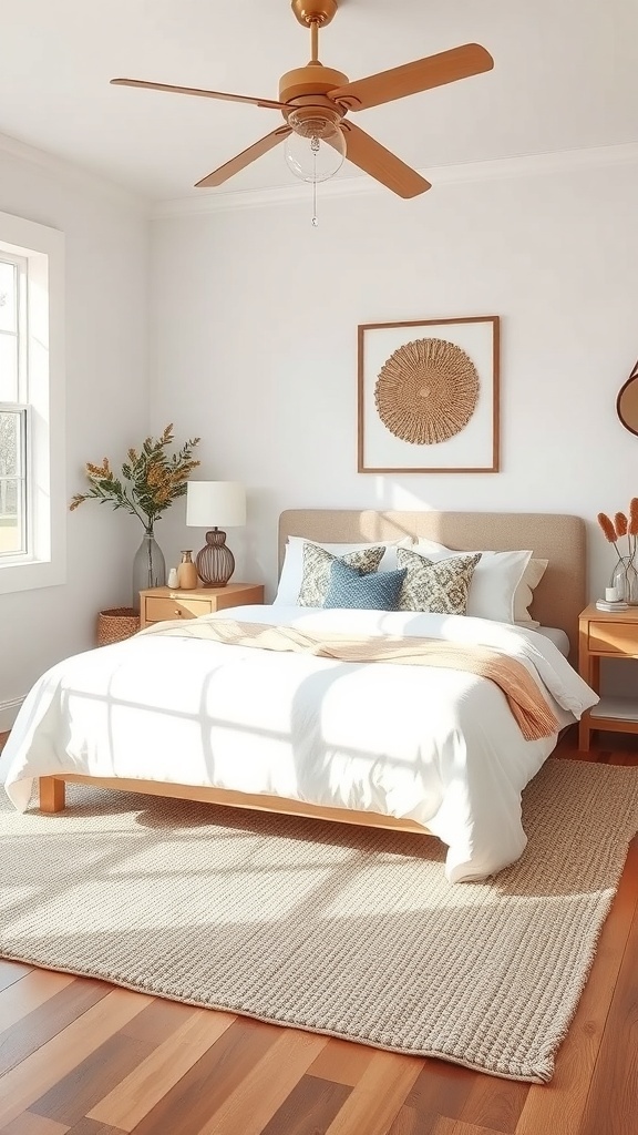 A cozy boho farmhouse bedroom featuring a textured rug, wooden furniture, and soft bedding.