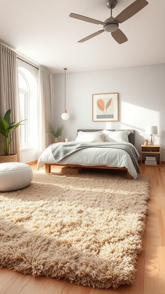 A cozy bedroom featuring a plush, textured rug, a bed with soft linens, and natural light streaming in.