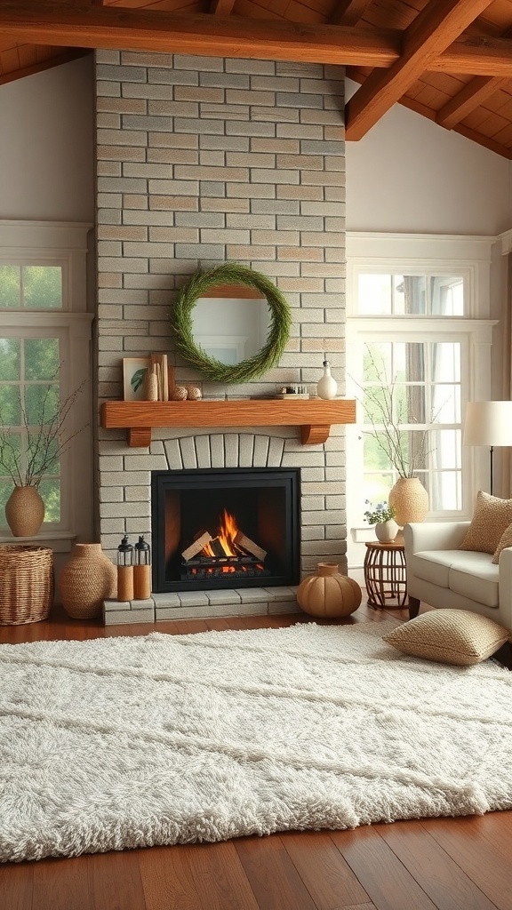 A cozy living room featuring a rustic farmhouse fireplace with a textured rug in front.