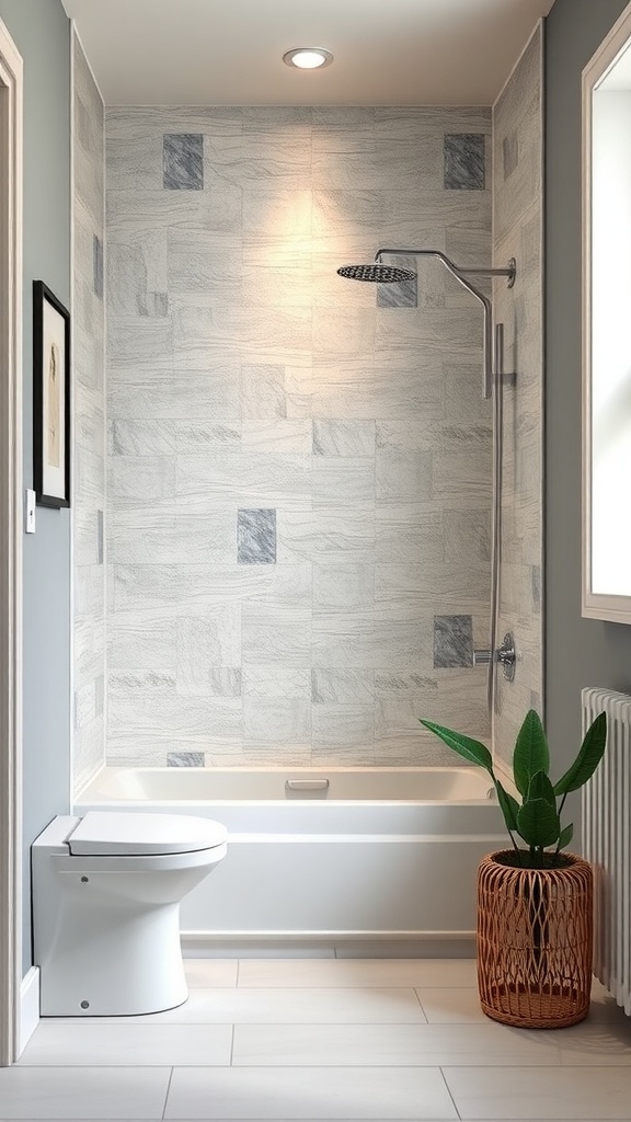 A small bathroom featuring textured shower walls with a modern shower head and a potted plant.