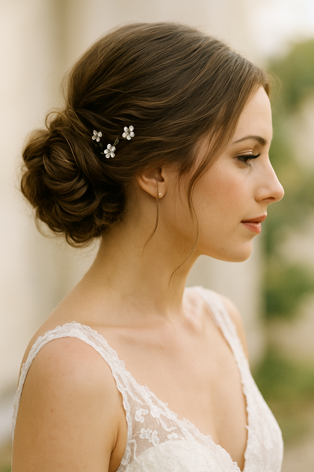 A bride with a textured side bun adorned with dainty hairpins, showcasing a romantic hairstyle.