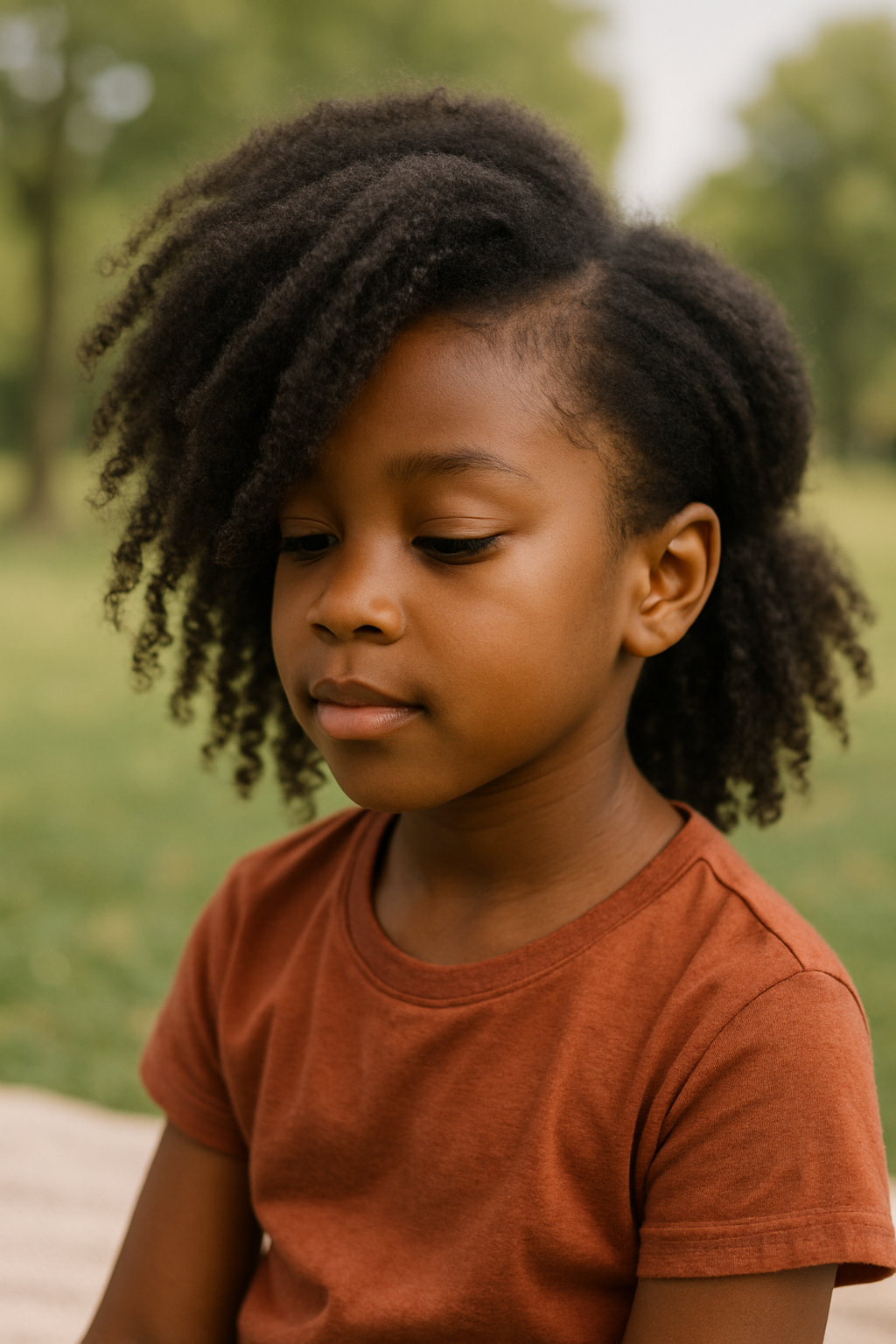 A young girl with textured side sweep hairstyle, showcasing natural curls.