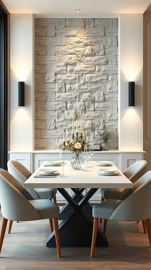 A dining area featuring a textured stone feature wall, modern furniture, and soft lighting.