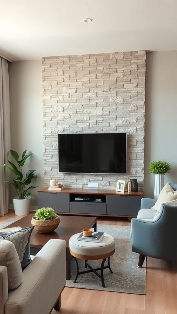 Living room with a textured stone feature wall and a mounted TV