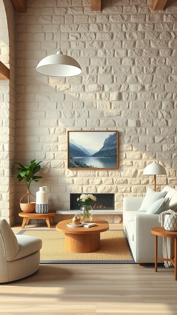 A cozy living room featuring a textured stone wall, modern furniture, and decorative elements.