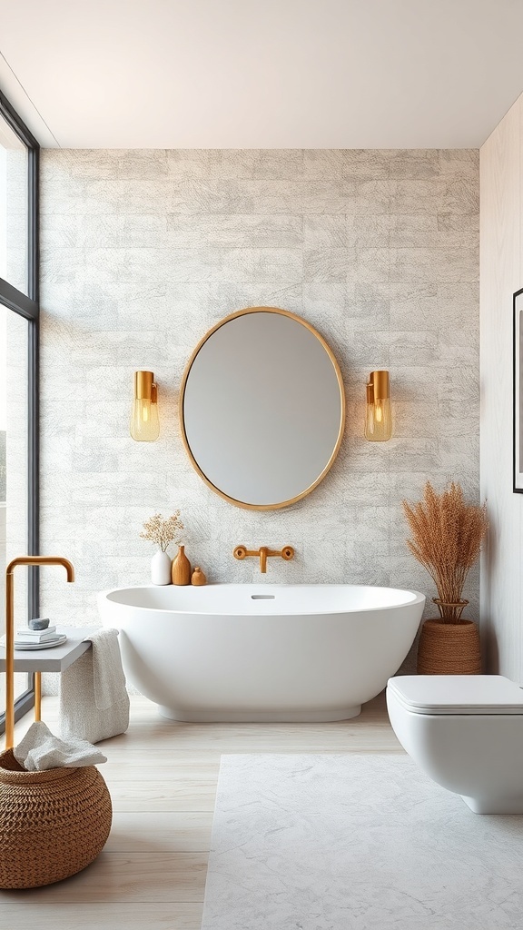 A modern bathroom featuring a textured stone wall, white bathtub, round mirror, and stylish lighting.