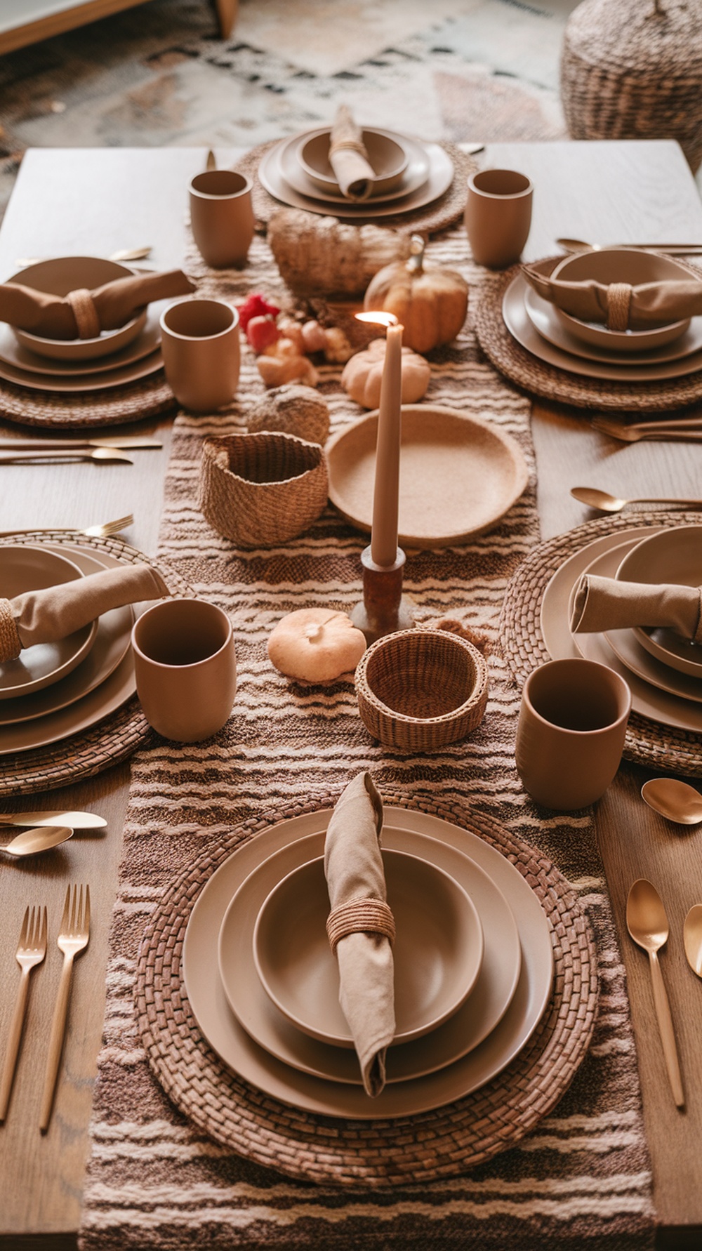 A beautifully set Thanksgiving table featuring a textured table runner, earthy tableware, and decorative elements.