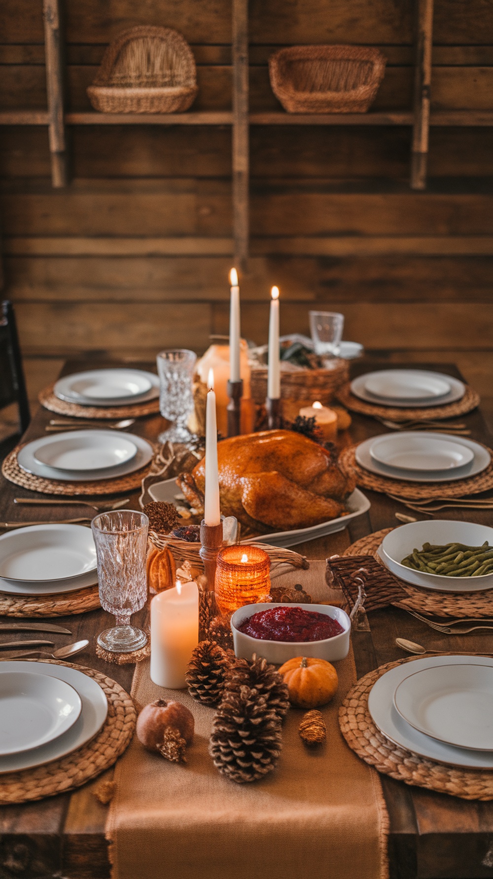 A rustic Thanksgiving table setting with woven placemats, candles, and a roasted turkey centerpiece.