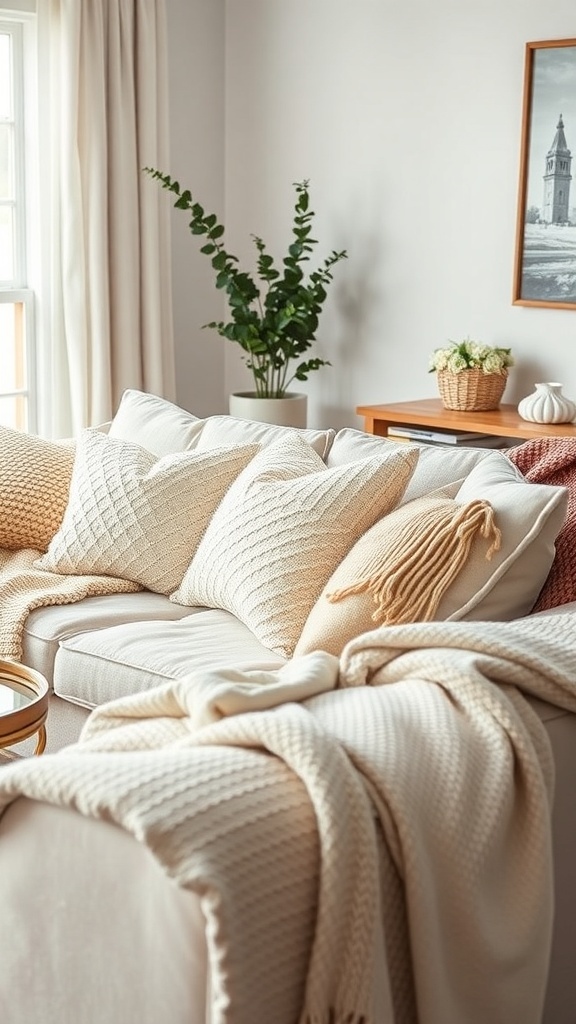 Cozy coastal living room with textured throw pillows and blankets