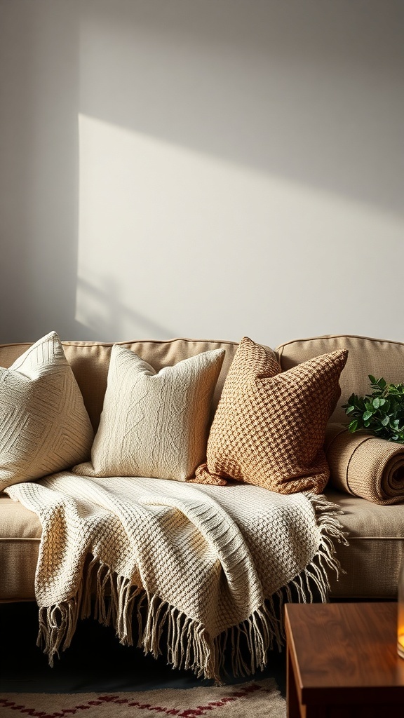 A cozy living room with textured throw pillows and a blanket on a couch