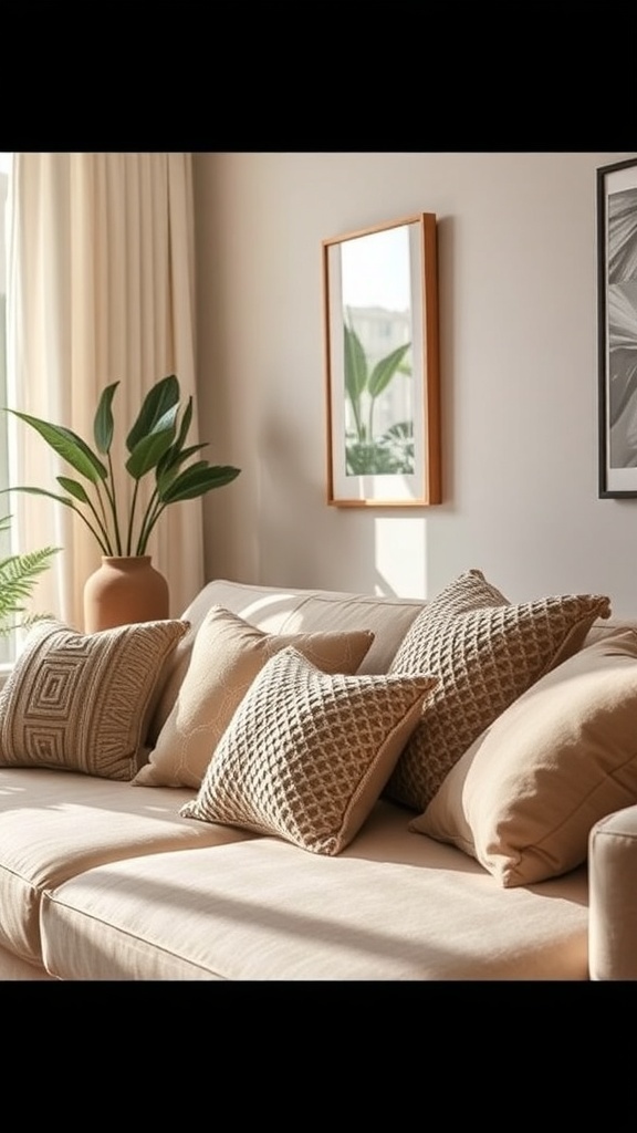 A cozy lounge room with a sofa covered in textured throw pillows and a plant in the background.