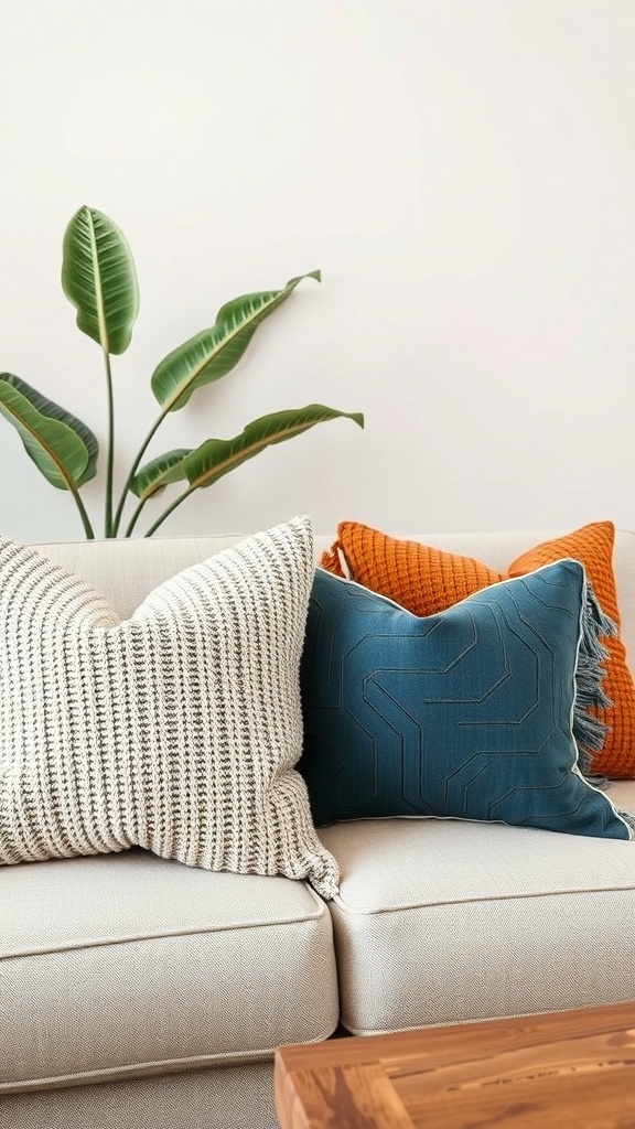 Cozy sofa with textured throw pillows in various colors and patterns